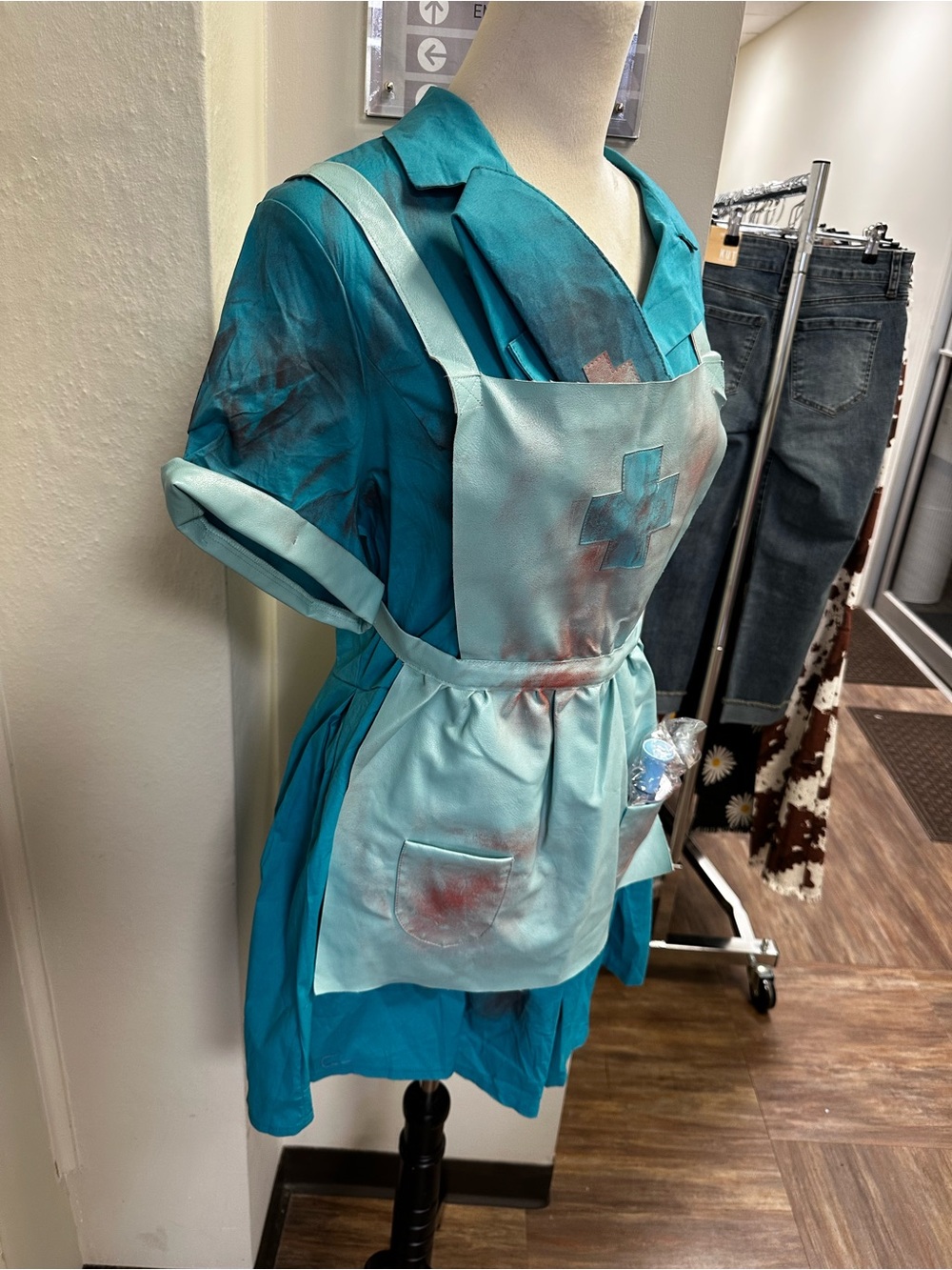 Aqua Nurse Costume Dress with Apron Nurse Cap and Syringe